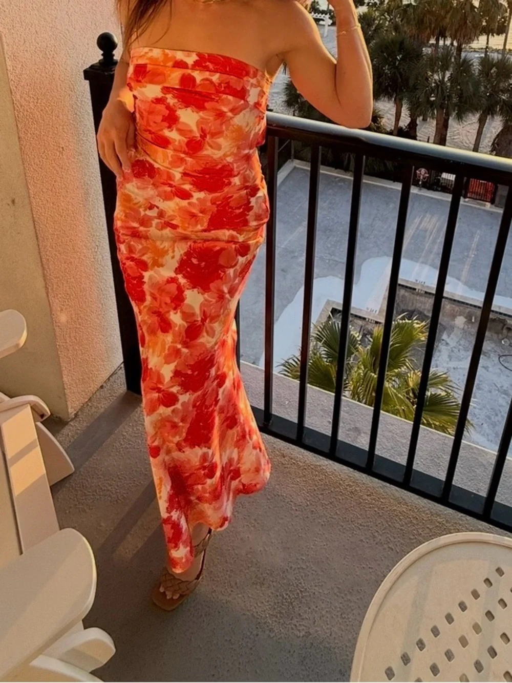 Orange & White Strapless Floral Maxi Skirt